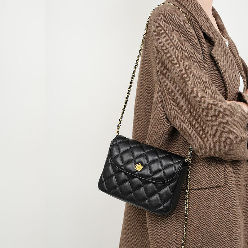 Women’s Black Genuine Leather Vintage Quilted Chain Crossbody Shoulder Bag image 5