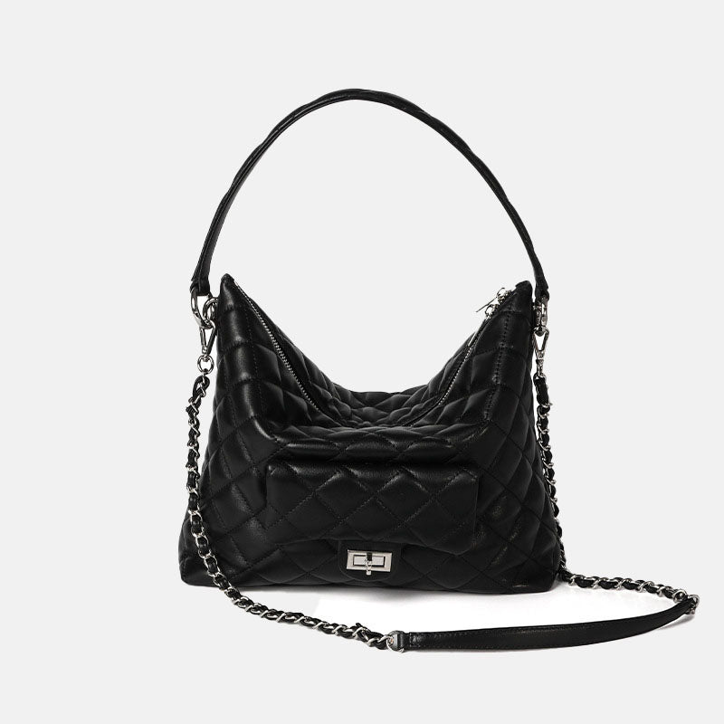 Women’s Black Leather Hobo Quilted Crossbody Chain Tote Bag image