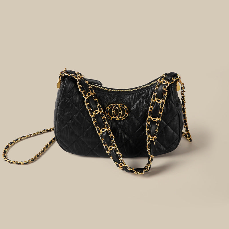 Women’s Black Matte Genuine Leather Minimalist Quilted Zipper Crossbody Chain Baguette Bags image 2