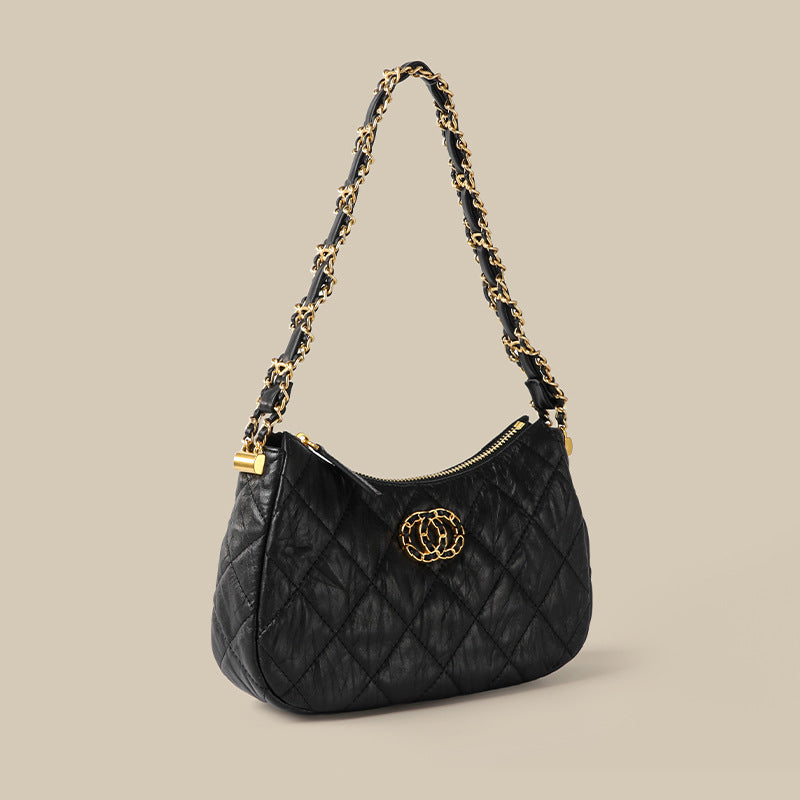 Women’s Black Matte Genuine Leather Minimalist Quilted Zipper Crossbody Chain Baguette Bags image 3