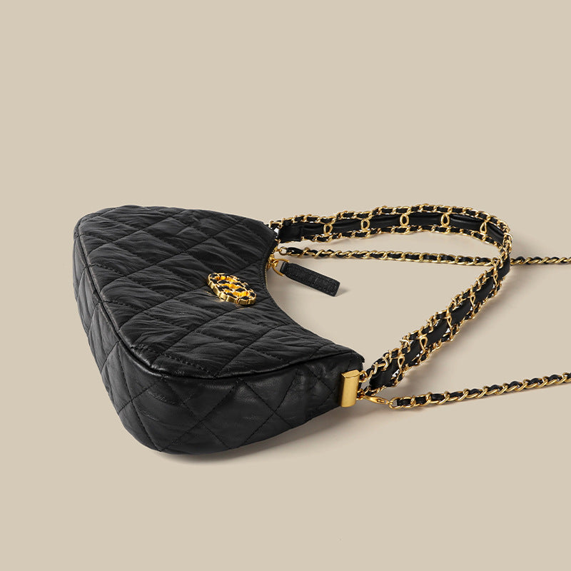 Women’s Black Matte Genuine Leather Minimalist Quilted Zipper Crossbody Chain Baguette Bags image 4