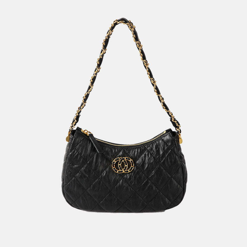 Women’s Black Matte Genuine Leather Minimalist Quilted Zipper Crossbody Chain Baguette Bags image