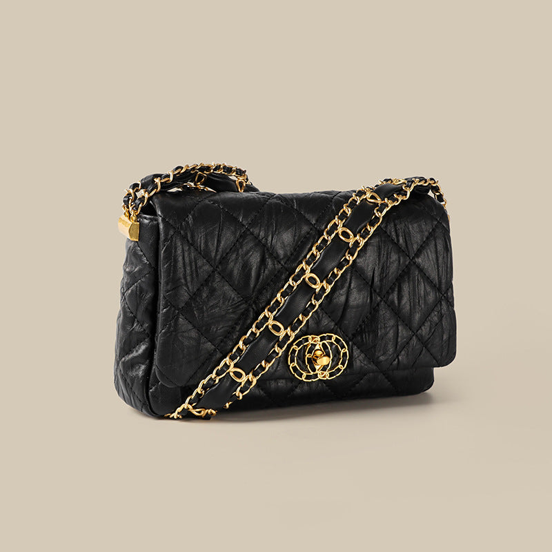 Women’s Black Matte Quilted Genuine Leather Lock Buckle Chain Shoulder Crossbody Bag image 3