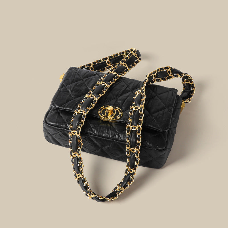 Women’s Black Matte Quilted Genuine Leather Lock Buckle Chain Shoulder Crossbody Bag image 5