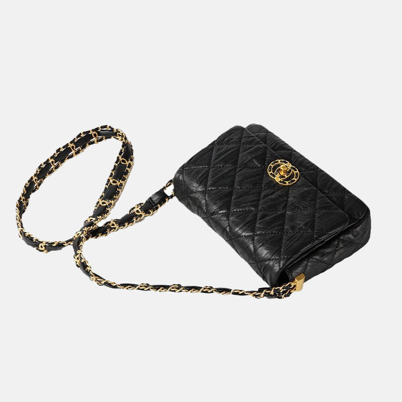 Women’s Black Matte Quilted Genuine Leather Lock Buckle Chain Shoulder Crossbody Bag image 2