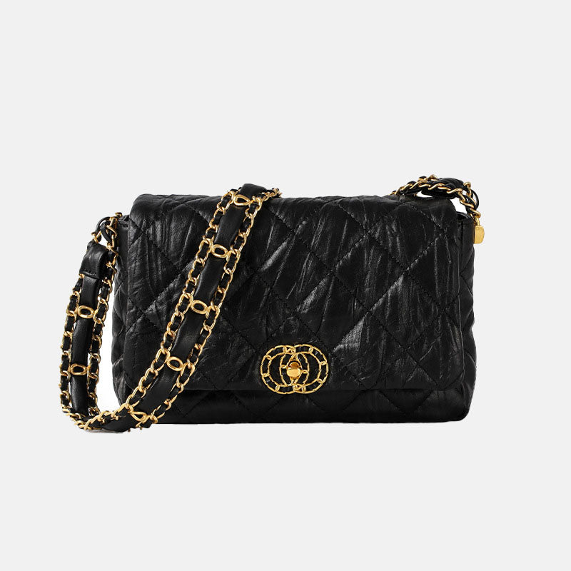 Women’s Black Matte Quilted Genuine Leather Lock Buckle Chain Shoulder Crossbody Bag image