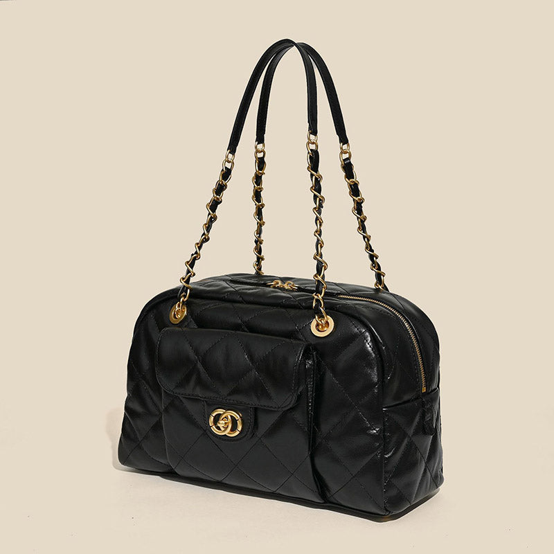 Women’s Black Minimalist Quilted Leather Chain Boston Baguette Bag image 2