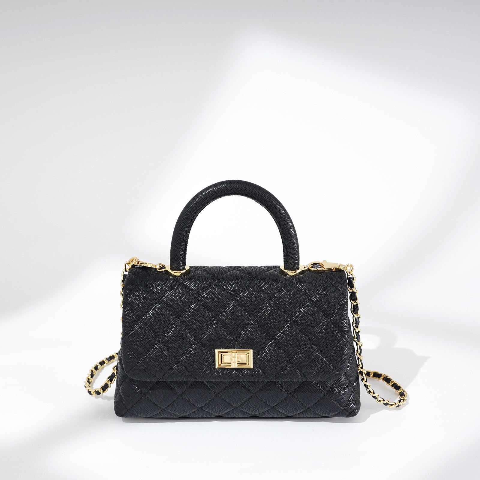 Women’s Black Caviar Textured Lambskin Quilted Crossbody Chain Top Handle Bag image 3