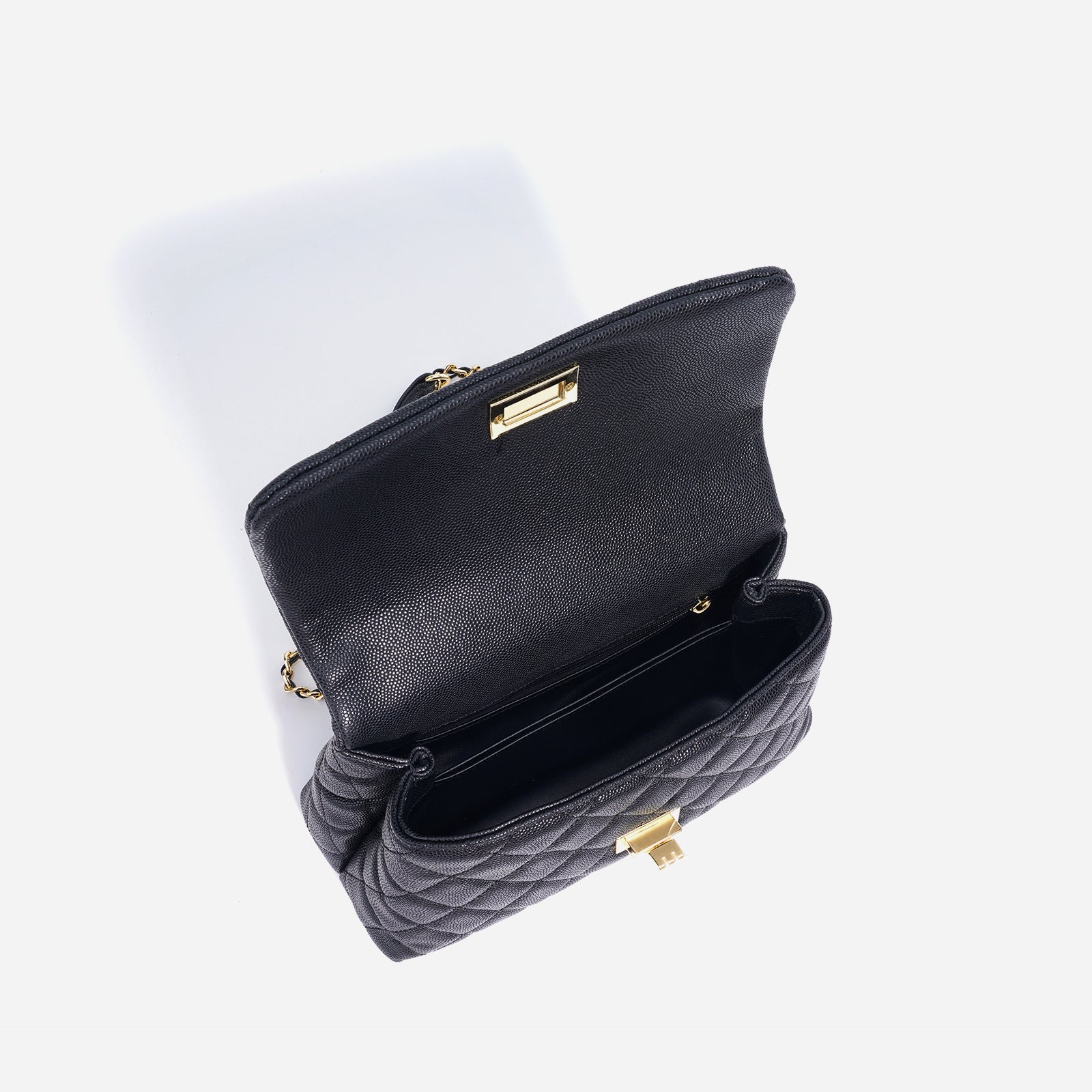 Women’s Black Caviar Textured Lambskin Quilted Crossbody Chain Top Handle Bag image 2