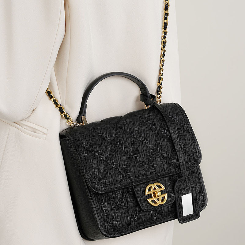 Women’s Black Quilted Genuine Leather Lock Vintage Crossbody Chain Top Handle Bag image 2