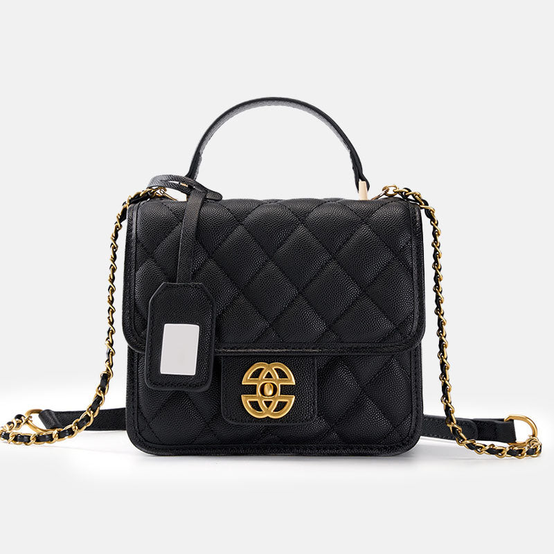 Women’s Black Quilted Genuine Leather Lock Vintage Crossbody Chain Top Handle Bag image