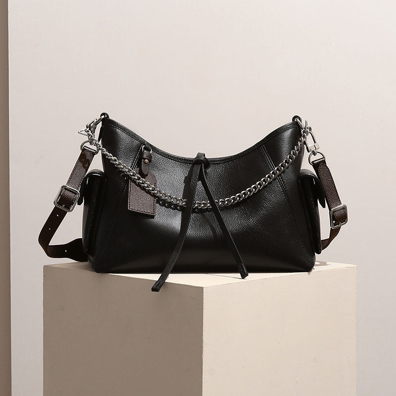 Women’s Black Vintage Genuine Leather Chain Shoulder Crossbody Tote Bag image 3