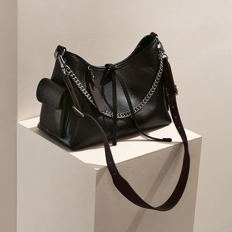 Women’s Black Vintage Genuine Leather Chain Shoulder Crossbody Tote Bag image 5