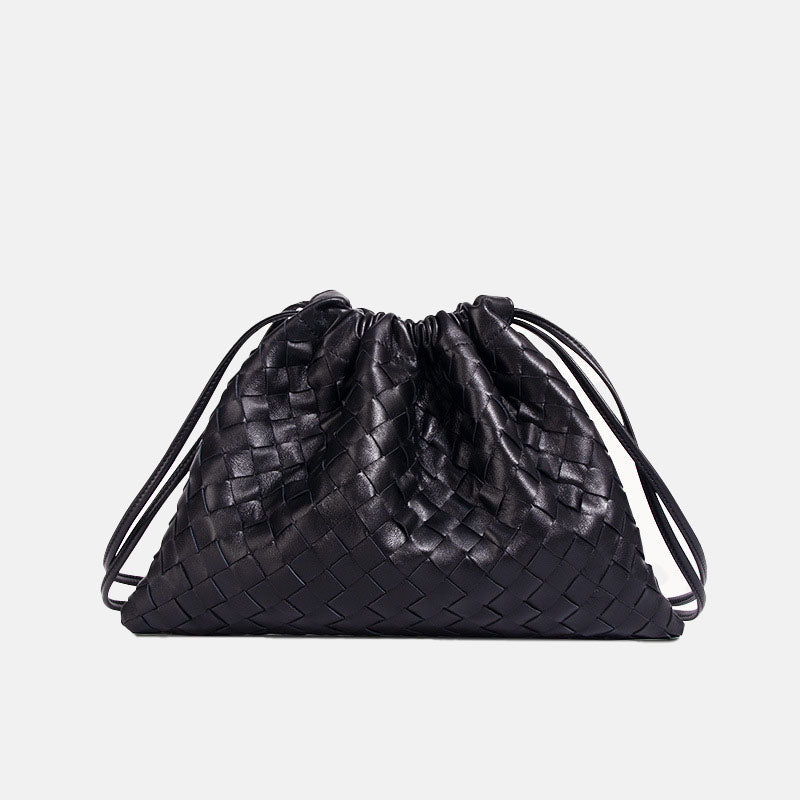 Women’s Black Woven Leather Drawstring Crossbody Shoulder Bag image