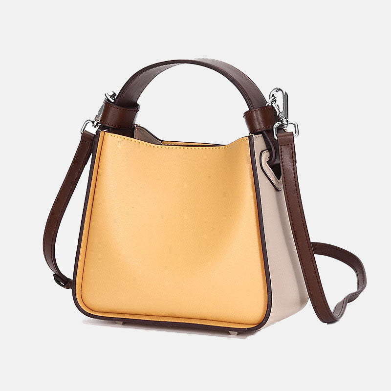 Women’s Coffee Yellow Genuine Leather Color Block Crossbody Bucket Bag image