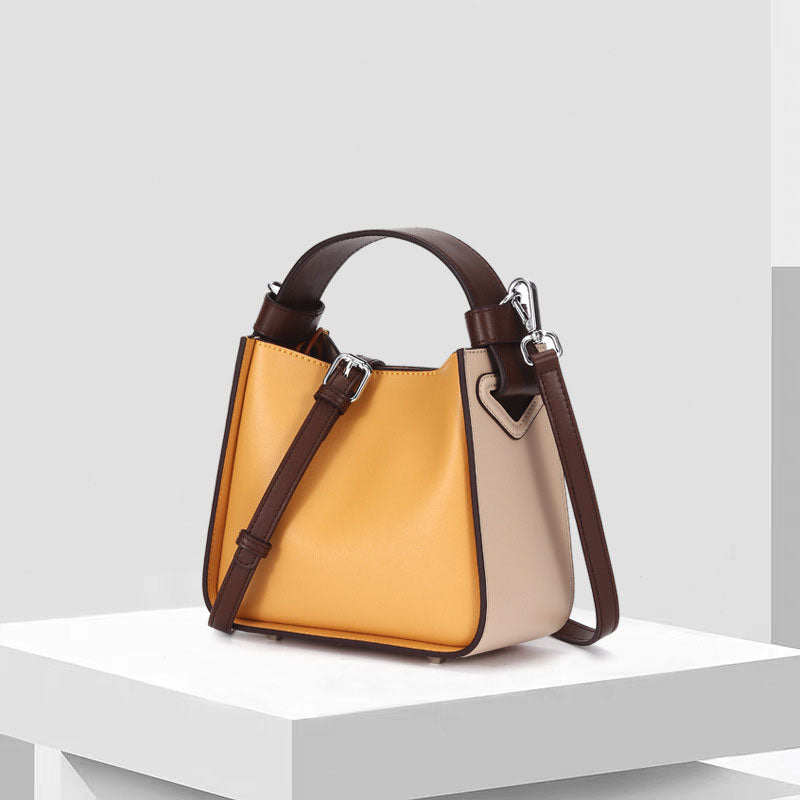 Women’s Coffee Yellow Genuine Leather Color Block Crossbody Bucket Bag image 2