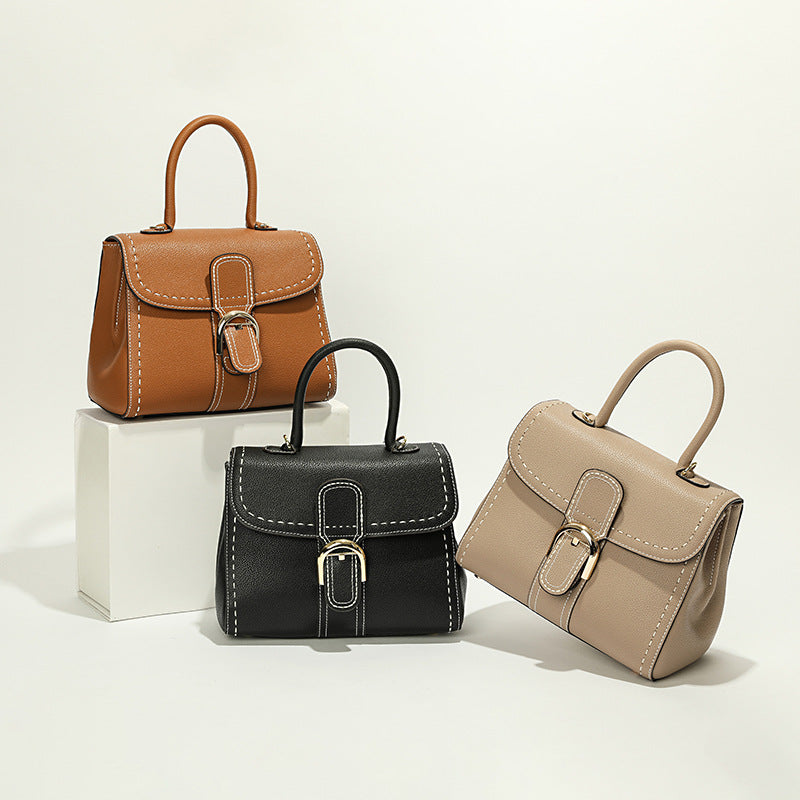 Women’s Genuine Leather Buckle Closure Top Handle Bag with Crossbody Strap image 4