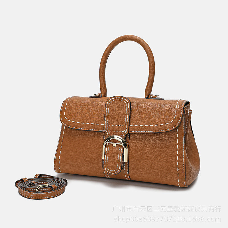 Women’s Genuine Leather Buckle Closure Top Handle Bag with Crossbody Strap image 9