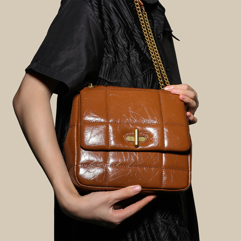 Women’s Genuine Leather Button Lock Crossbody Shoulder Chain Bag In Minimalist image 2