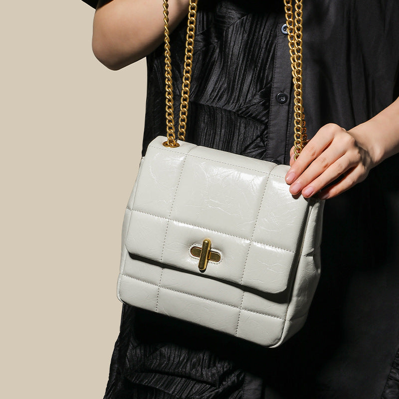 Women’s Genuine Leather Button Lock Crossbody Shoulder Chain Bag In Minimalist image 4