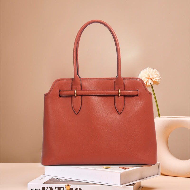 Women’s Genuine Leather Drawstring Buckle Tote Bag image 4