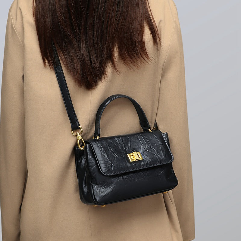 Women’s Genuine Leather Lock Buckle Pleated Texture Crossbody Top Handle Bag image 4