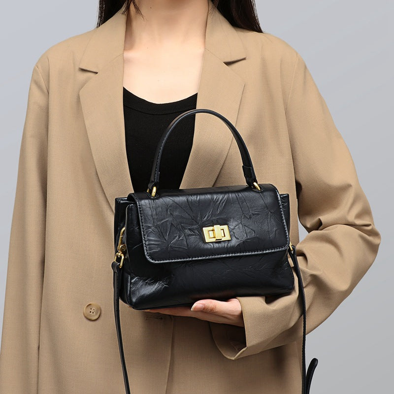 Women’s Genuine Leather Lock Buckle Pleated Texture Crossbody Top Handle Bag image 5