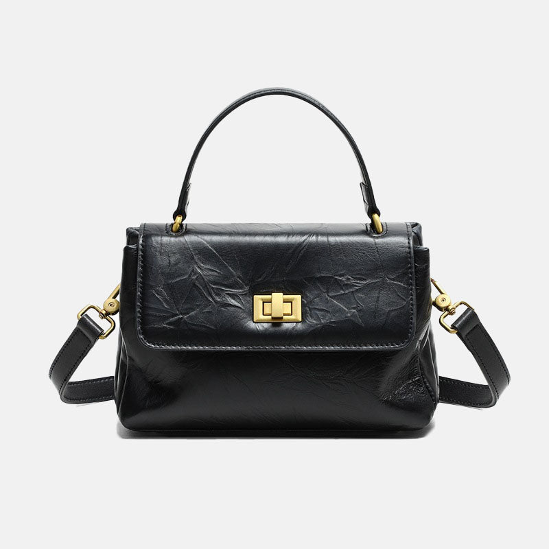 Women’s Genuine Leather Lock Buckle Pleated Texture Crossbody Top Handle Bag image