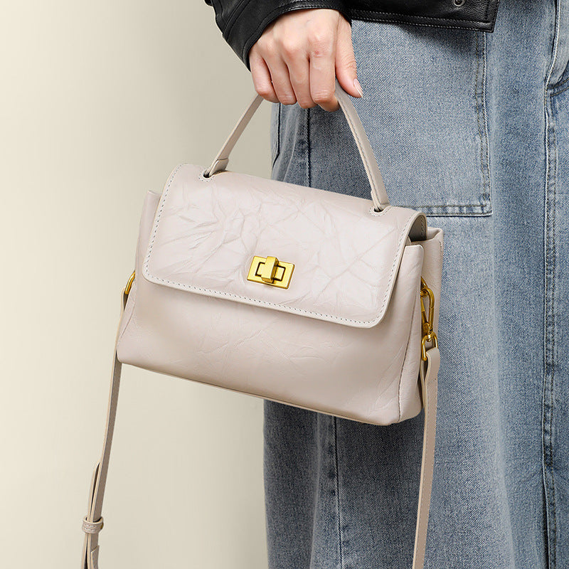 Women’s Genuine Leather Lock Buckle Pleated Texture Crossbody Top Handle Bag image 6