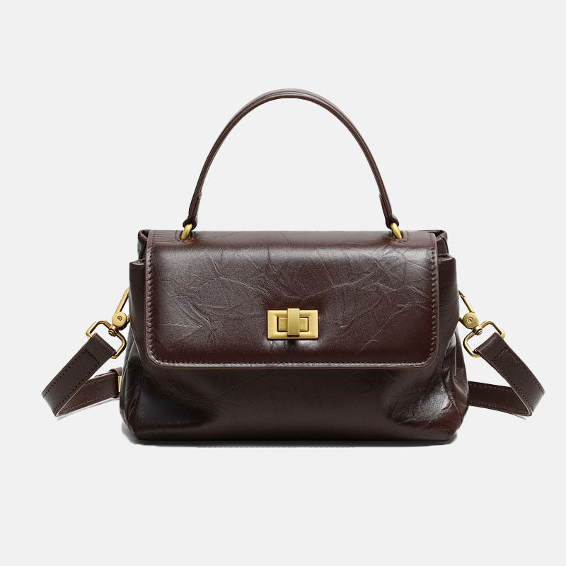Women’s Genuine Leather Lock Buckle Pleated Texture Crossbody Top Handle Bag image 7