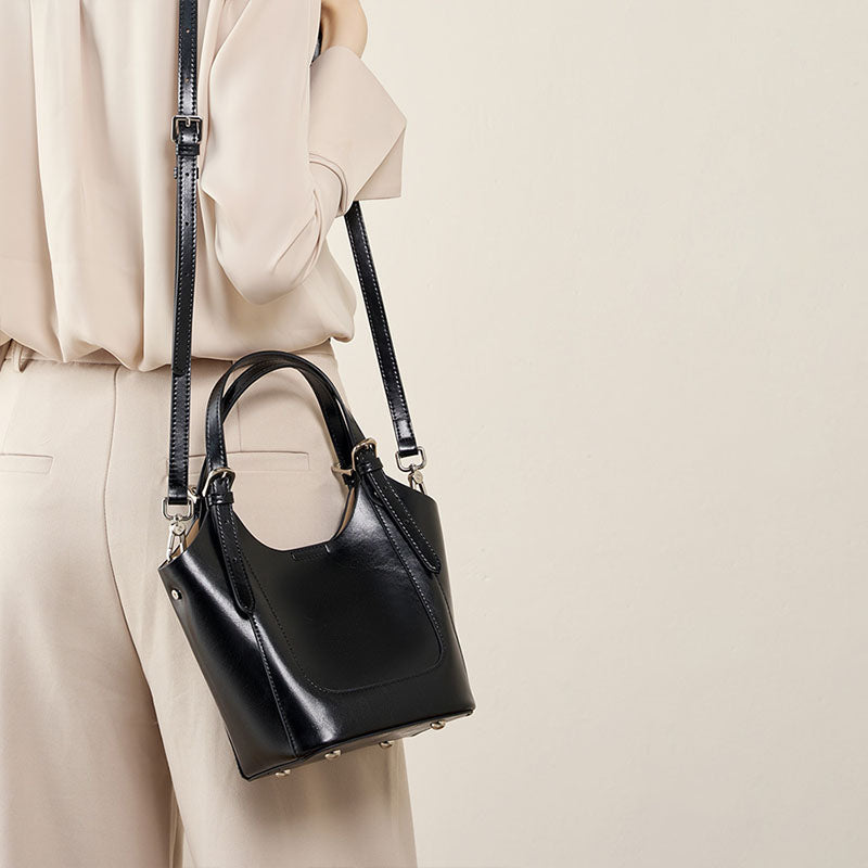 Women’s Genuine Leather Minimalist Bucket Crossbody Tote Bag image 4