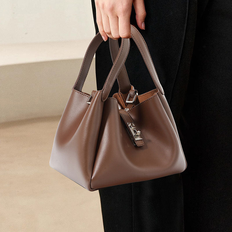 Women’s Genuine Leather Minimalist Lock Bucket Bag image 7