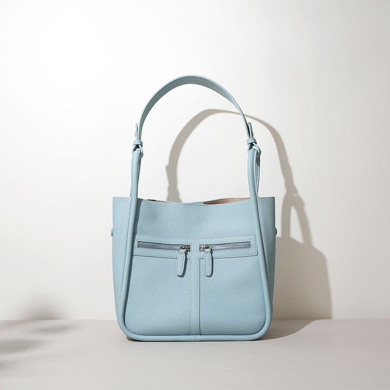 Women’s Genuine Leather Minimalist Magnetic Closure Zippered Shoulder Bucket Bag image 6