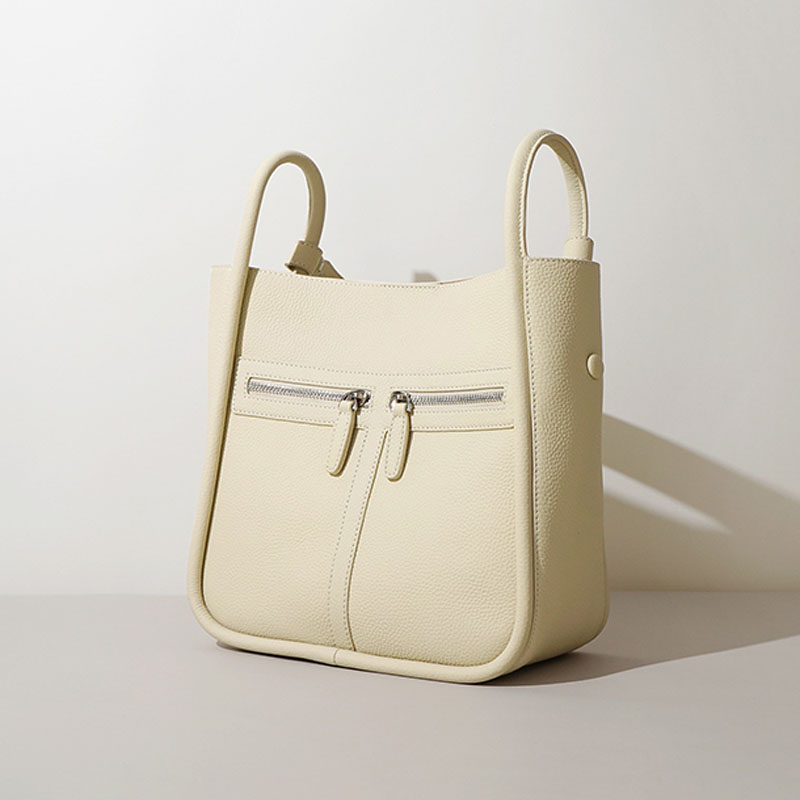 Women’s Genuine Leather Minimalist Magnetic Closure Zippered Shoulder Bucket Bag image 8