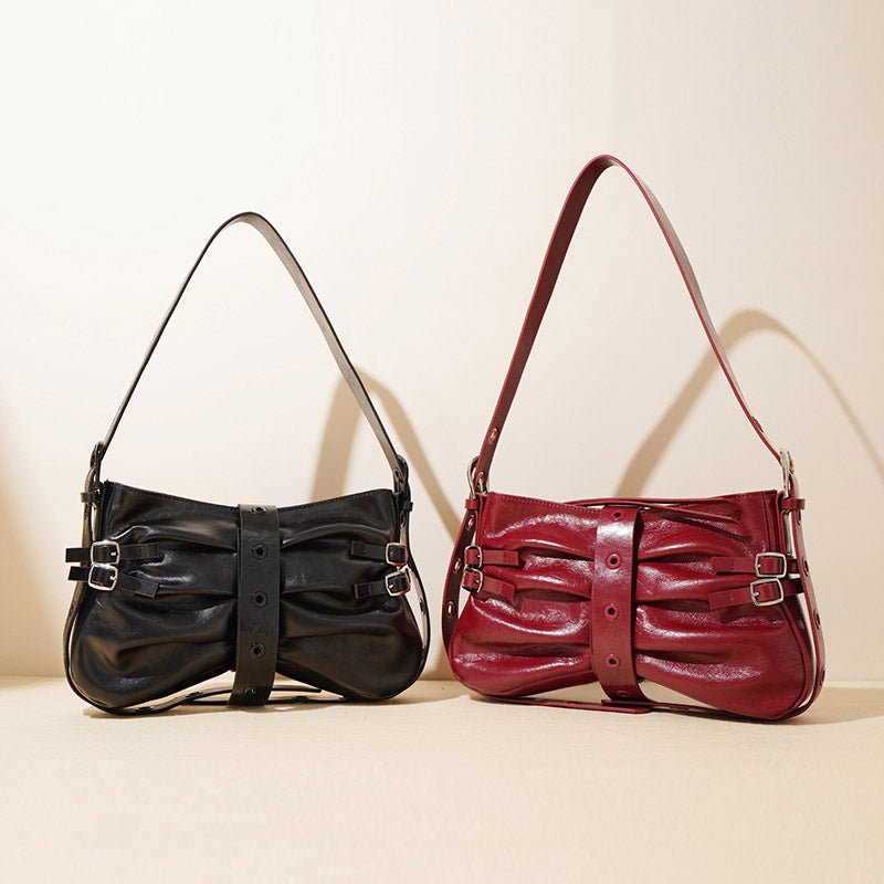 Women’s Genuine Leather Pleated Lock-Clasp Shoulder Baguette Bag image 5