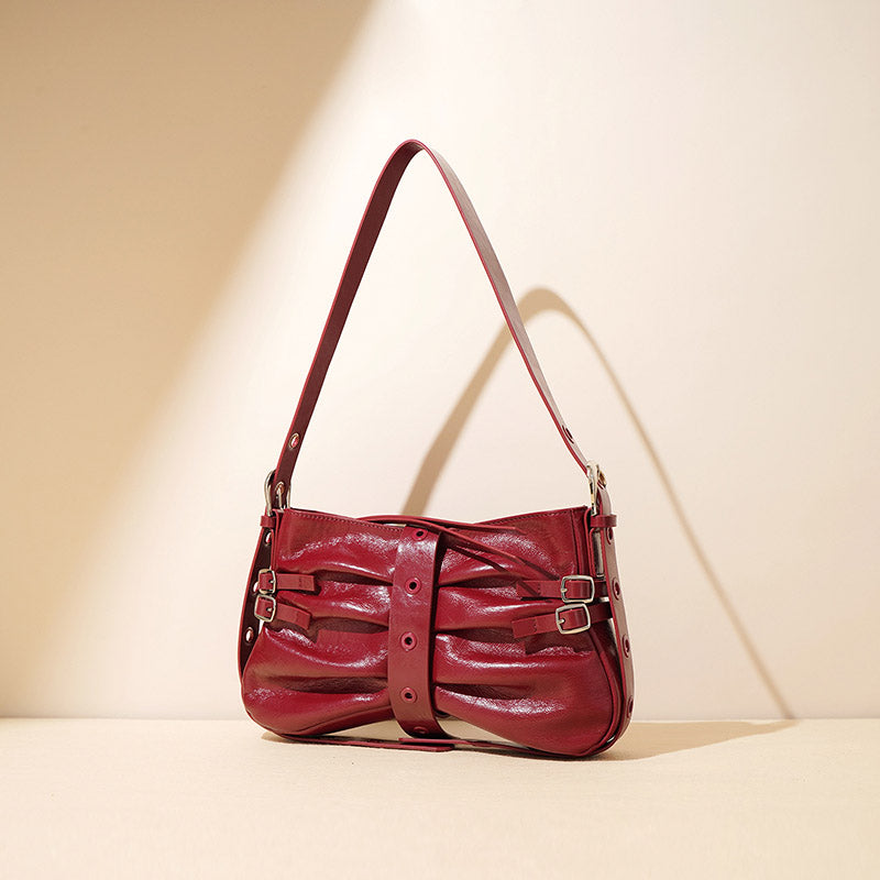 Women’s Genuine Leather Pleated Lock-Clasp Shoulder Baguette Bag image 4
