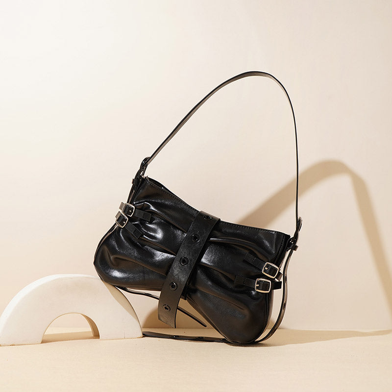 Women’s Genuine Leather Pleated Lock-Clasp Shoulder Baguette Bag image 3