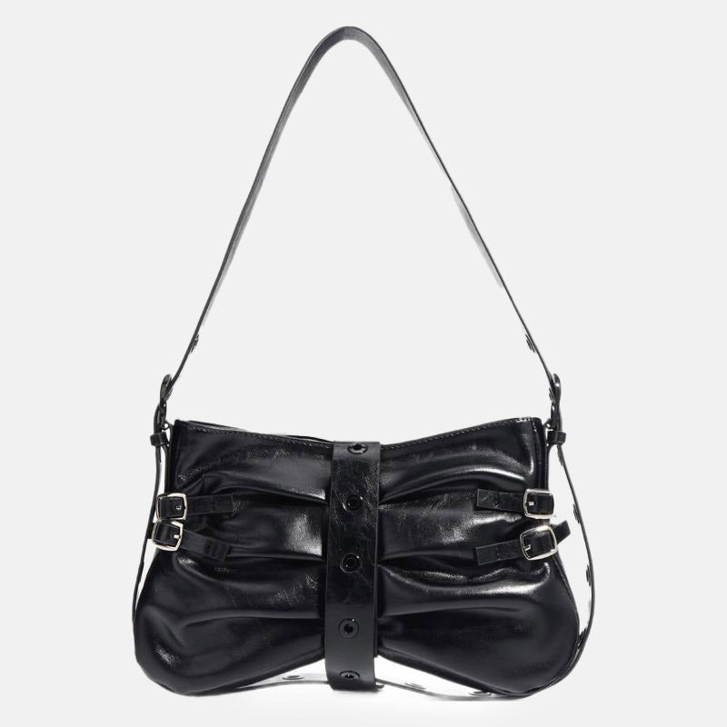 Women’s Genuine Leather Pleated Lock-Clasp Shoulder Baguette Bag image