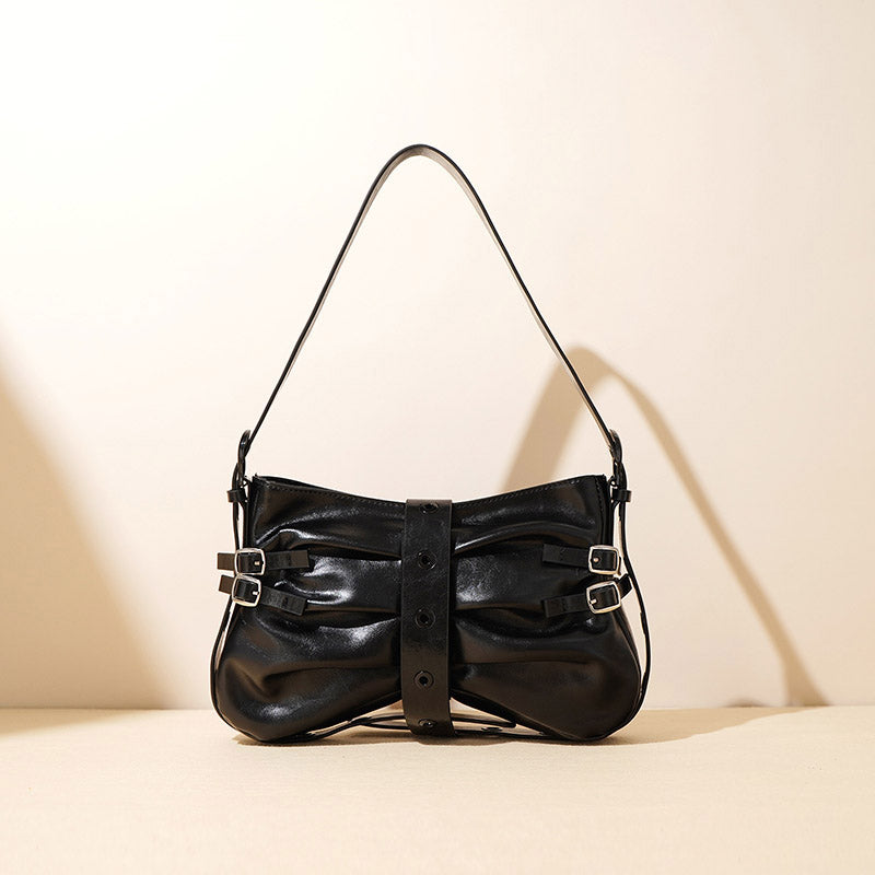 Women’s Genuine Leather Pleated Lock-Clasp Shoulder Baguette Bag image 2