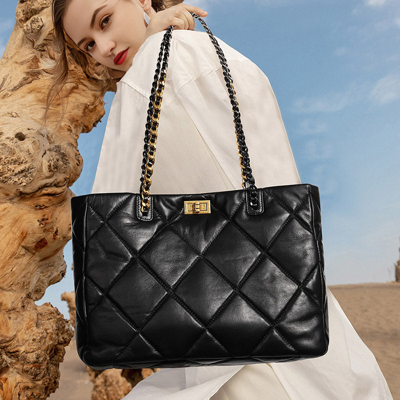 Women’s Genuine Leather Quilted Chain Crossbody Tote Bag image 3