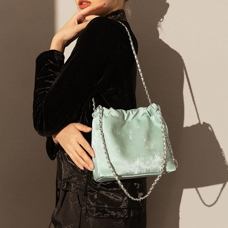 Women’s Genuine Leather Satin Face Chain Crossbody Shoulder Bucket Bag image 4