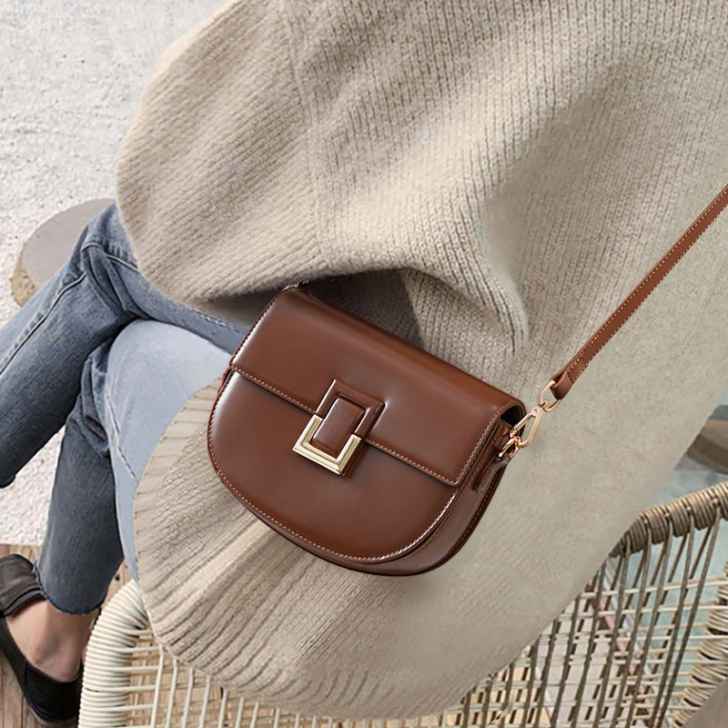 Women’s Genuine Leather Vintage Lock Buckle Crossbody Zipper Saddle Bag image 3