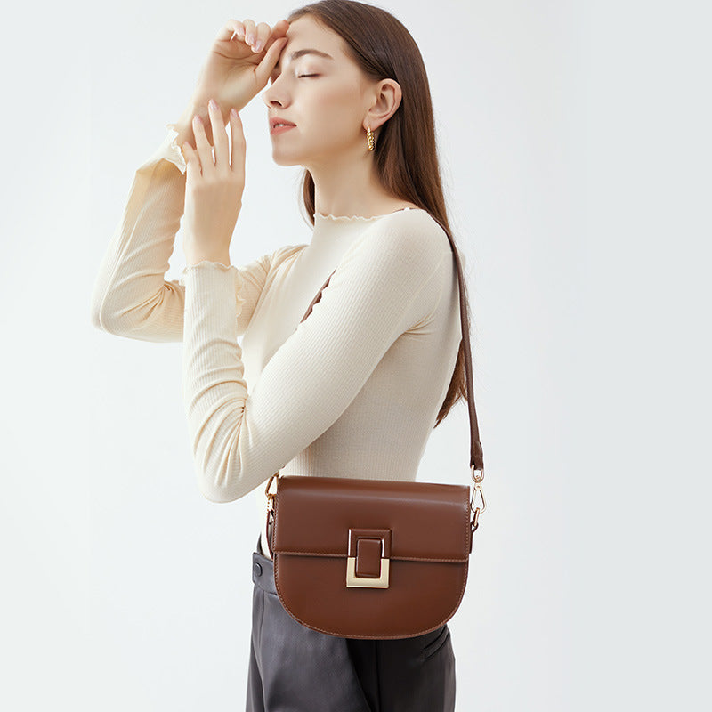 Women’s Genuine Leather Vintage Lock Buckle Crossbody Zipper Saddle Bag image 4