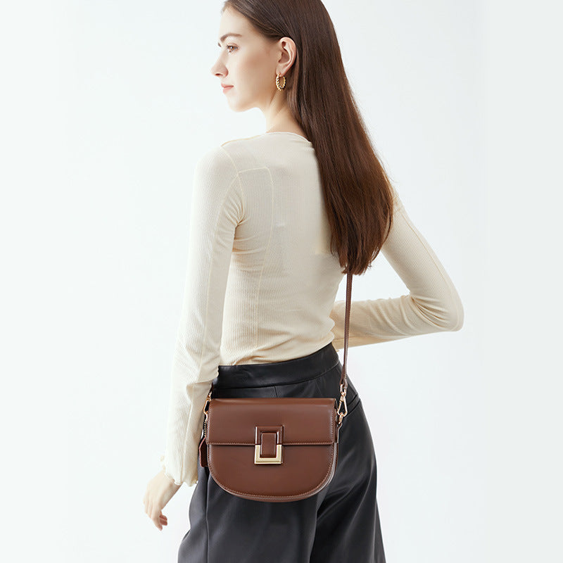 Women’s Genuine Leather Vintage Lock Buckle Crossbody Zipper Saddle Bag image 5