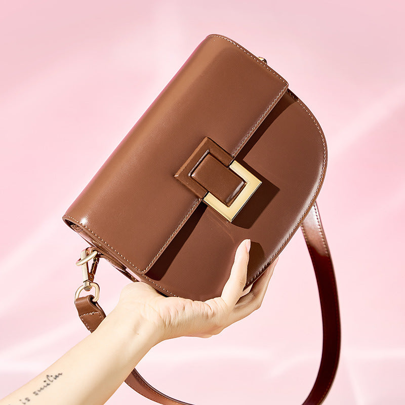 Women’s Genuine Leather Vintage Lock Buckle Crossbody Zipper Saddle Bag image 2
