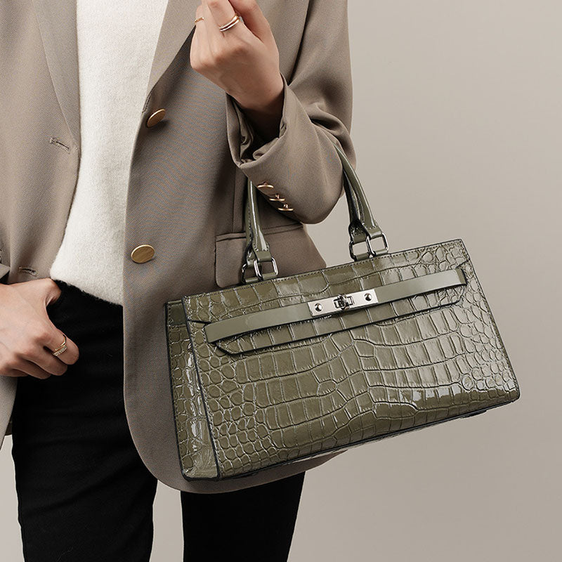 Women’s Gray Patent Crocodile Leather Lock Buckle Top Handle Crossbody Bag image 2