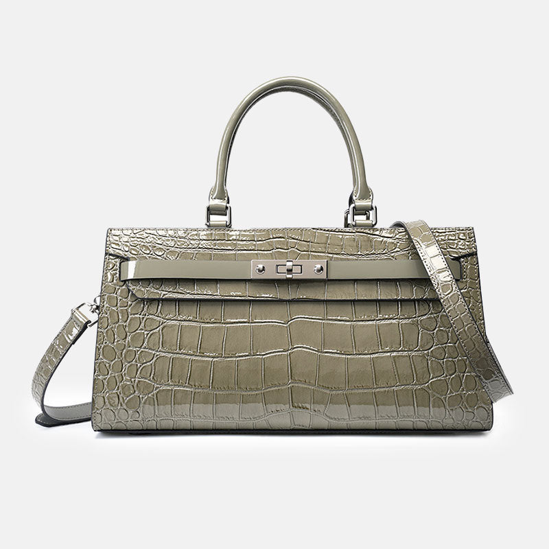 Women’s Gray Patent Crocodile Leather Lock Buckle Top Handle Crossbody Bag image