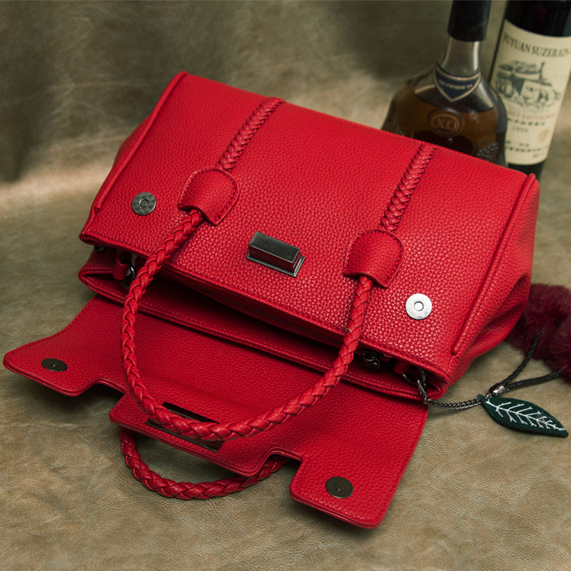 Women’s Lychee Pattern Genuine Leather Lock Buckle Woven Handle Crossbody Shoulder Bag image 4