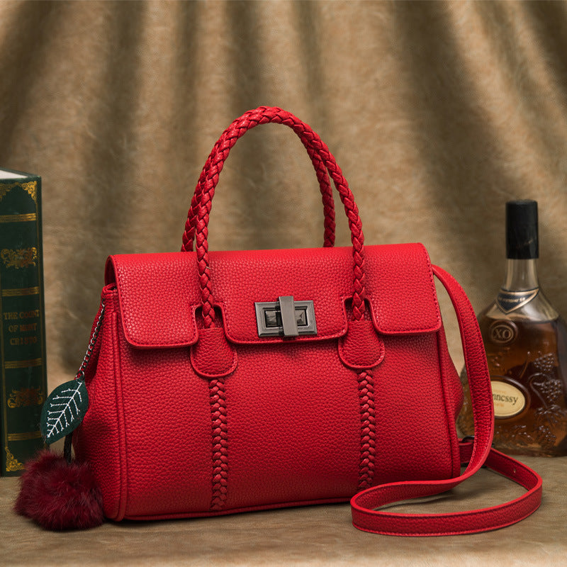 Women’s Lychee Pattern Genuine Leather Lock Buckle Woven Handle Crossbody Shoulder Bag image 3