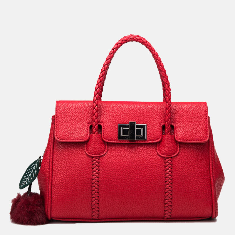 Women’s Lychee Pattern Genuine Leather Lock Buckle Woven Handle Crossbody Shoulder Bag image
